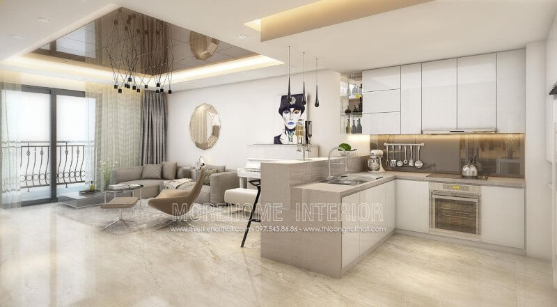 Ý tưởng thiết kế mẫu tủ bếp chung cư bằng gỗ An Cường màu trắng chủ đạo kết hợp đá ốp bếp nhân tạo solid surface LG tạo nên một không gian bếp hiện đại và sang trọng Thiết kế và sản xuất tủ bếp đẹp