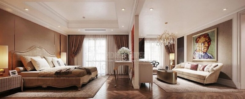 Trang trí nội thất phòng ngủ master ấn tượng với sự phân tách thành phòng ngủ và phòng giải trí nhưng vẫn tạo nên sự thông thoáng, sang trọng. Thiết kế phòng ngủ nhà phố