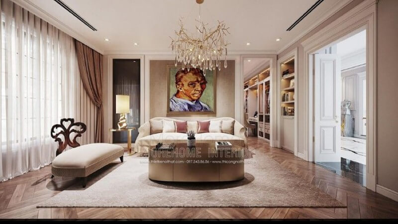 Tranh in canvas treo tường chân dung họa sĩ Van Gogh nổi tiếng tạo điểm nhấn ấn tượng cho phòng giải trí trong phòng ngủ. Thiết kế phòng ngủ nhà phố