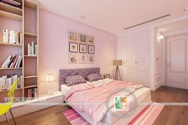 Thiết kế nội thất phòng ngủ bé gái hiện đại với tường màu hồng nữ tính kết hợp nội thất đơn giản tiện nghi mang đến một căn phòng mơ cho bé