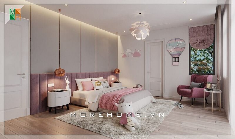 Không gian phòng ngủ tông trắng hồng đáng yêu này rất phù hợp để làm phòng ngủ cho bé gái, với đồ nội thất tối giản nhưng vẫn đảm bảo đầy đủ tiện nghi khi sử dụng