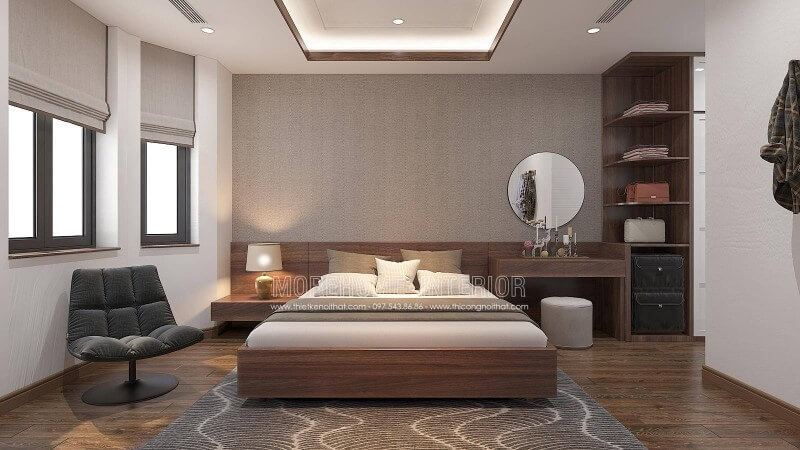 Bạn muốn không gian phòng ngủ thật gọn gàng và đơn giản, cách bố trí nội thất phòng ngủ tối giản bổ sung thêm kệ trang trí vát góc ngang đầu giường vừa vặn diện tích lối đi giúp không gian vừa trở nên tinh gọn lại tạo nên nét đẹp độc đáo.