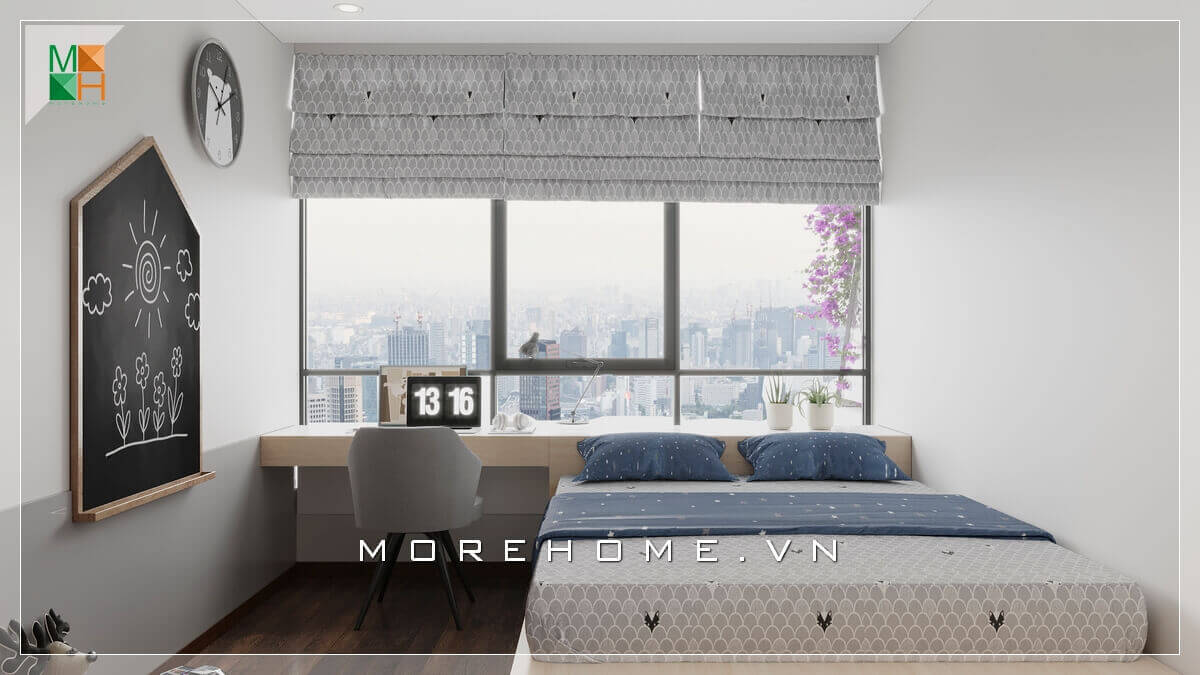 Nội thất tối giản tuyệt đối với giường ngủ liền bàn làm việc bằng gỗ công nghiệp, sử dụng ánh sáng tự nhiên nhờ cửa sổ cường lực, giúp cho bạn có cảm giác như được hòa vào thiên nhiên mỗi khi nghỉ ngơi trong căn phòng này