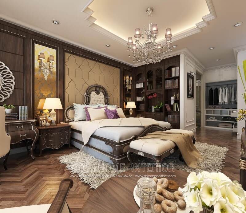 Trang trí nội thất phòng ngủ biệt thự với điểm nhấn là bộ giường ngủ gỗ óc chó nhập khẩu cao cấp