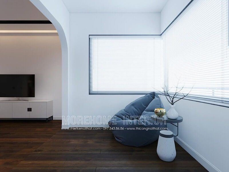 Ghế lười màu xám kết hợp cùng chiếc bàn nhỏ xinh xắn vừa đảm bảo công năng vừa mang lại vẻ đẹp thẩm mỹ lại vừa giúp không gian trở nên thông thoáng.