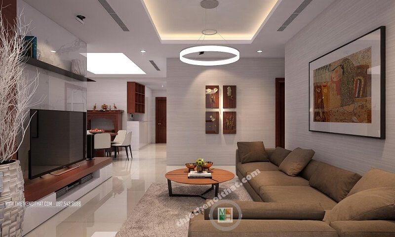 Mẫu thiết kế nội thất phòng khách đẹp với đồ nội thất hiện đại nhỏ gọn : kệ ti vi treo tường, bộ sofa vải, hệ tủ, đèn trang trí