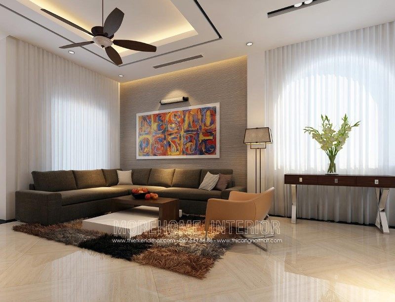 Sofa L hiện đại bọc nỉ màu ghi đậm đẹp cho phòng khách biệt thự
