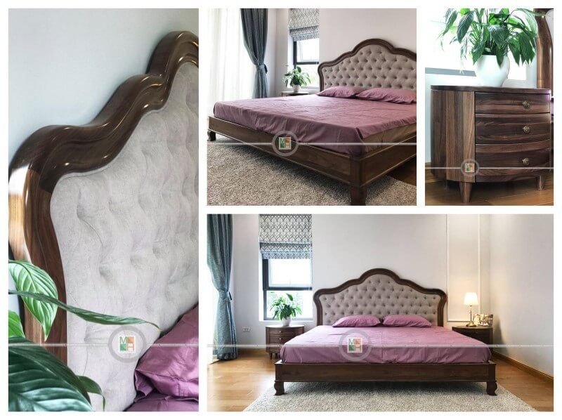 Việc thi công nội thất phòng ngủ trong biệt thự Ecopark được thực hiện với phong cách sang trọng, bao gồm một mẫu giường gỗ óc chó tân cổ điển cao cấp.